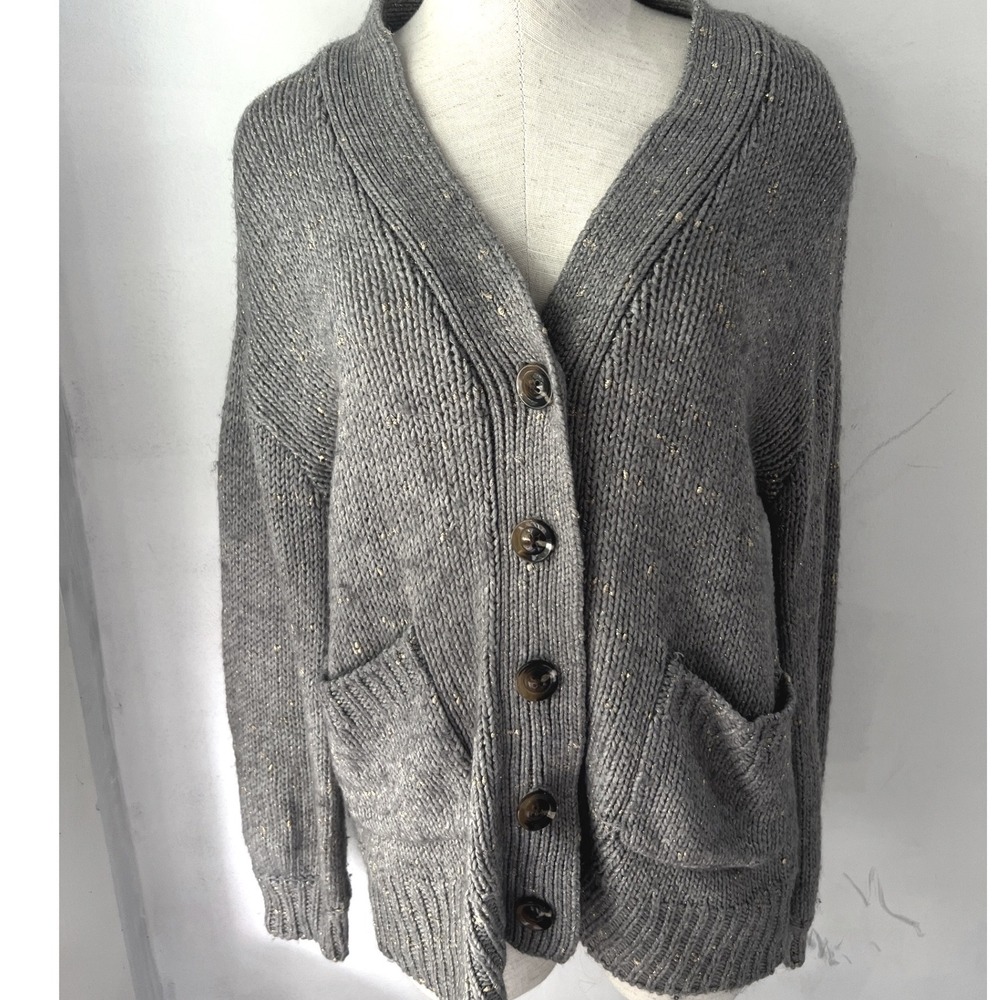 Who What Wear Womens Gray Gold Metallic Fleck Chunky Knit Button Cardigan Small
